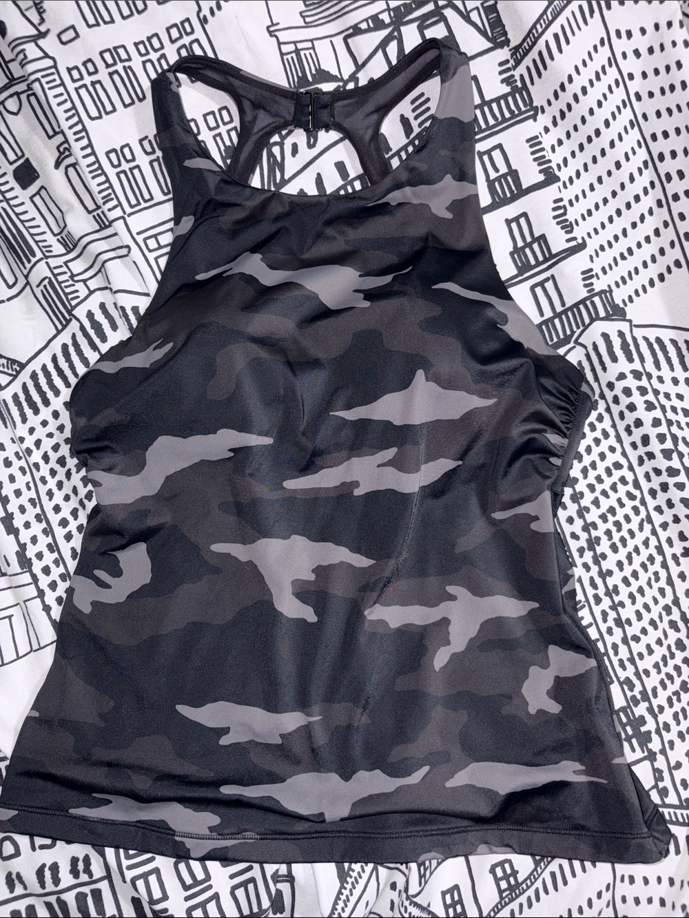 Athleta Black and Gray Camo Racerback Tankini top